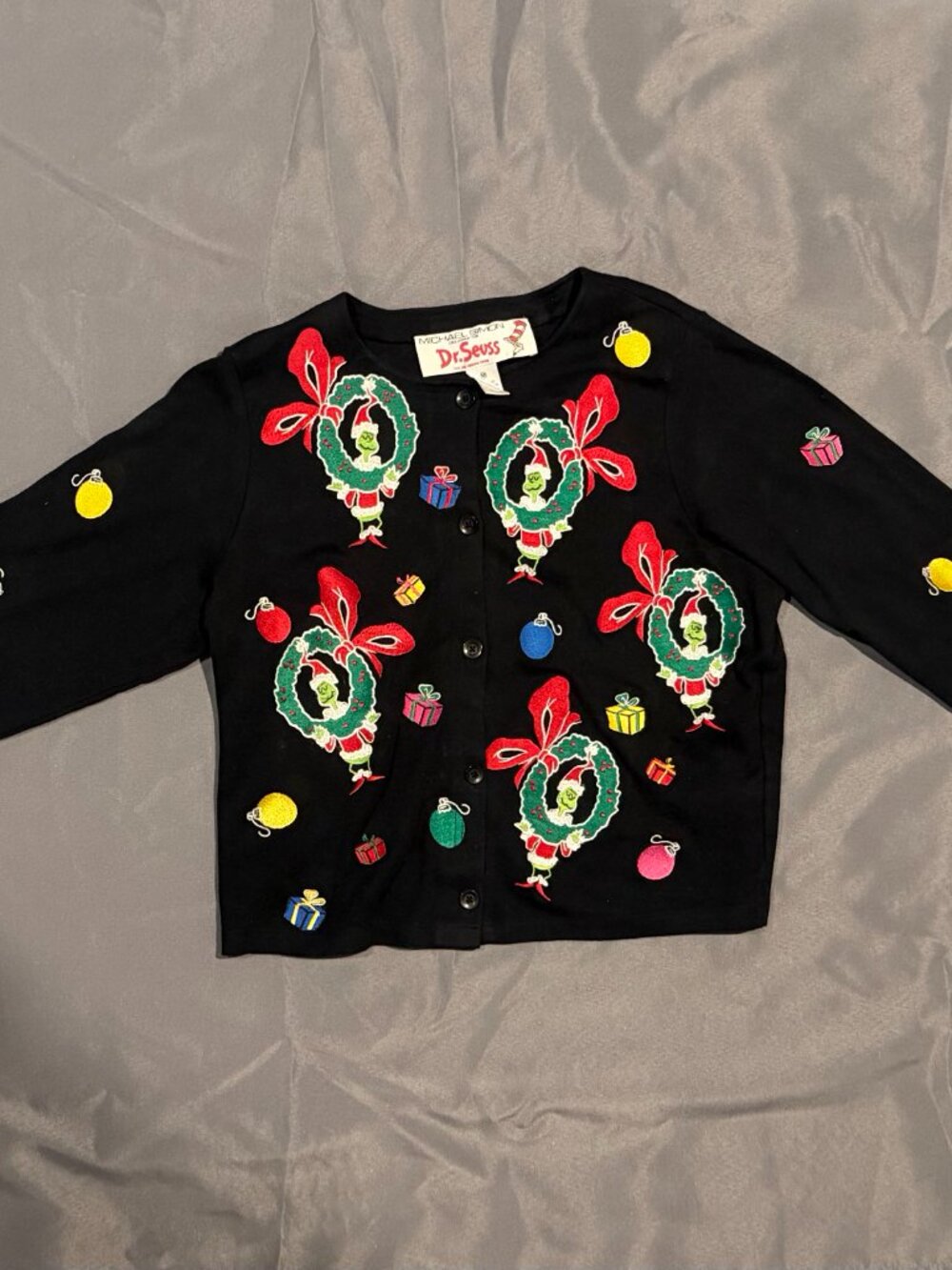 Rare Vintage Michael Simon Dr. Seuss Grinch Christmas Cardigan, Size Medium